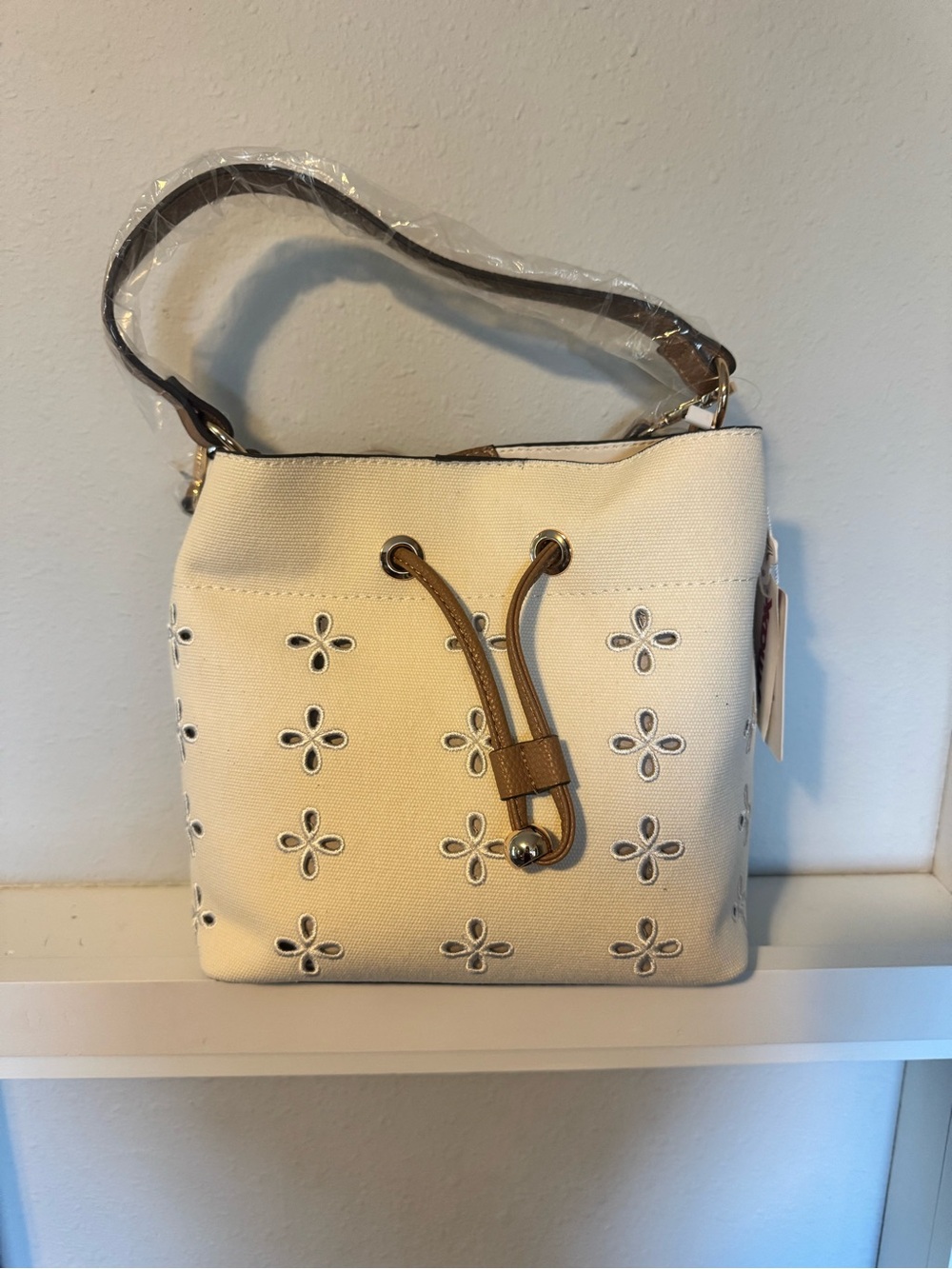 Cream Floral Eyelet Drawstring Shoulder Bag